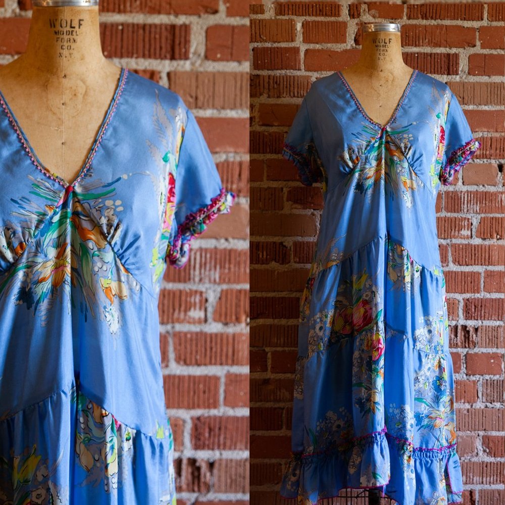Johnny Was Blue Floral Silk Dress